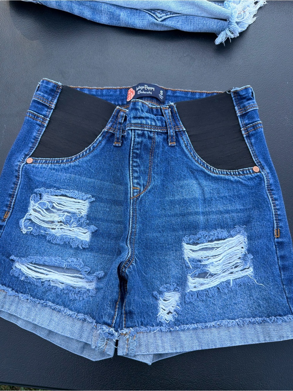 High-Rise Distressed Denim Shorts with Elastic Side Panels — Blue